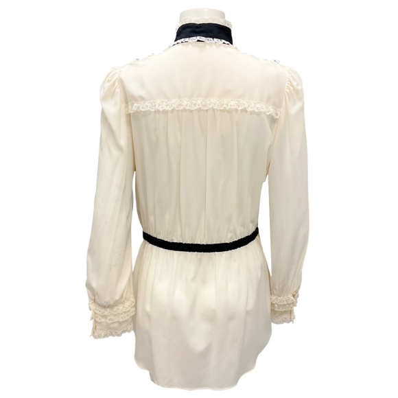 DOLCE & GABBANA IVORY / BLACK LACE TRIMMED PEARL BUTTON TIE NECK SILK BLOUSE - Picture 3 of 5